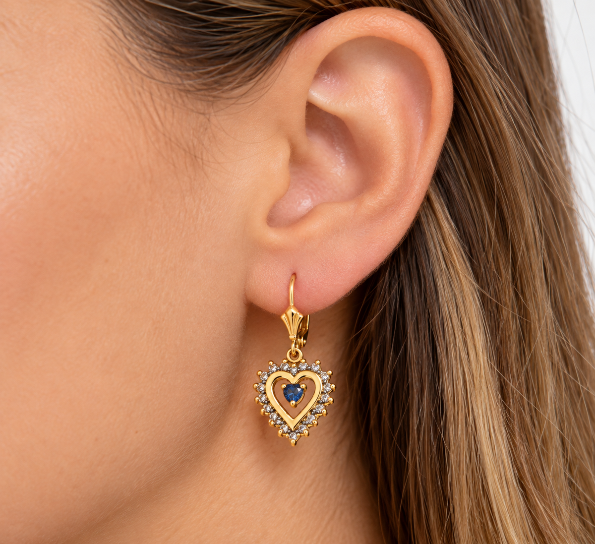 14K Solid Yellow Gold Diamond Heart Drop Earrings with Floating Blue Topaz