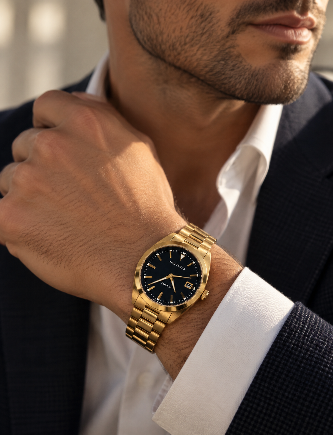 MOVADO HERITAGE DATRON 3650143 BLUE DATE DIAL GOLD TONE SWISS WATCH 39 MM