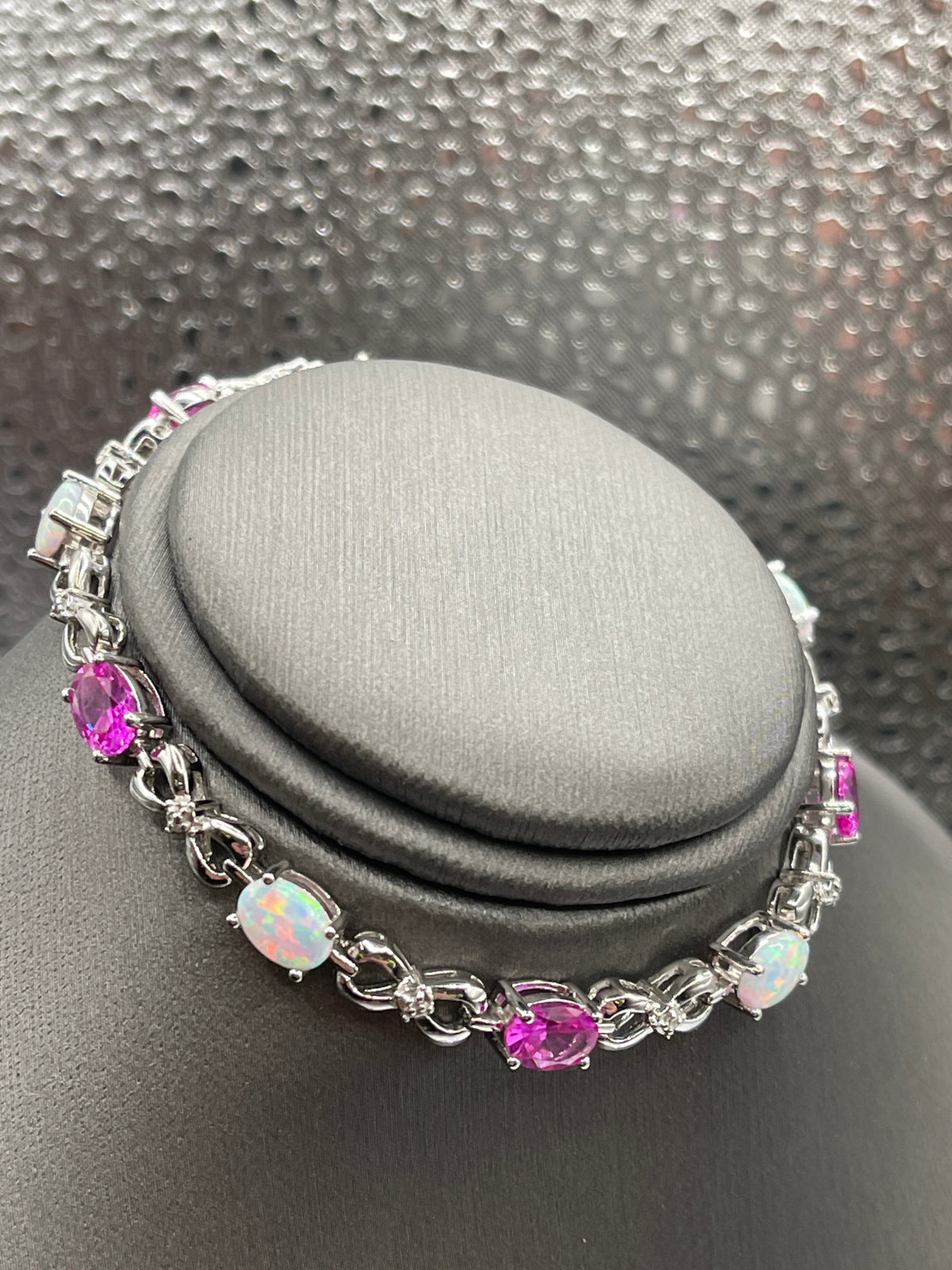 Sterling Silver Bracelet with Opals and Pink Zircon Stones