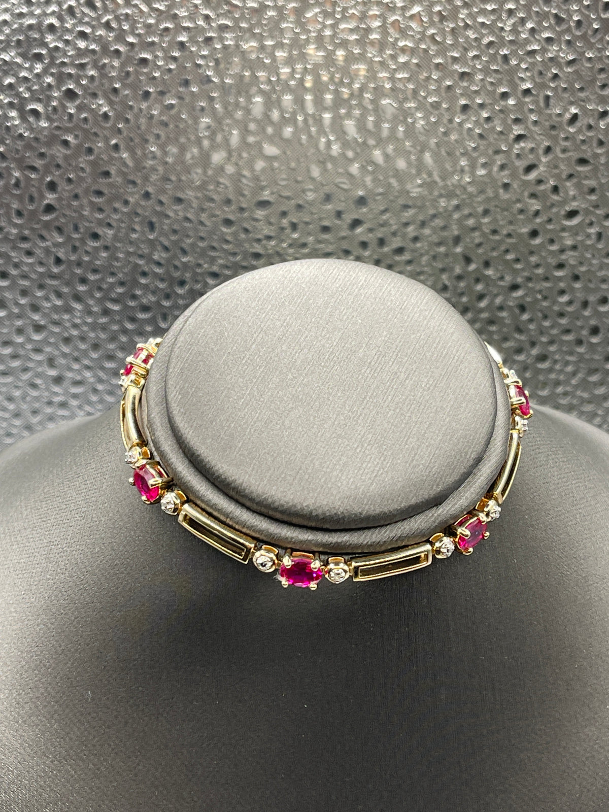 Gold Over Sterling Silver Link Bracelet with Red and White Zircon Stones