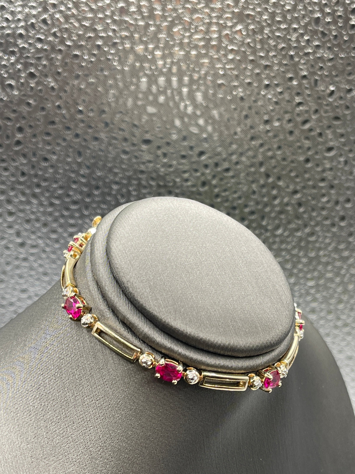 Gold Over Sterling Silver Link Bracelet with Red and White Zircon Stones