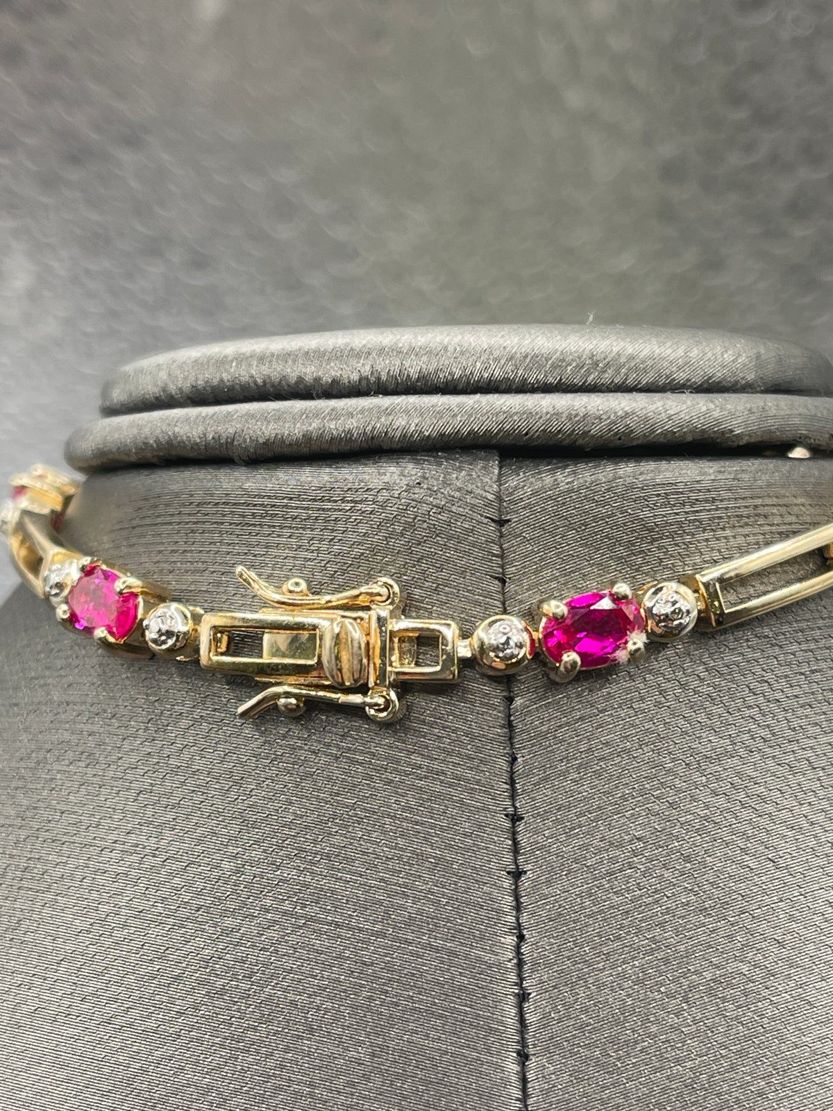 Gold Over Sterling Silver Link Bracelet with Red and White Zircon Stones