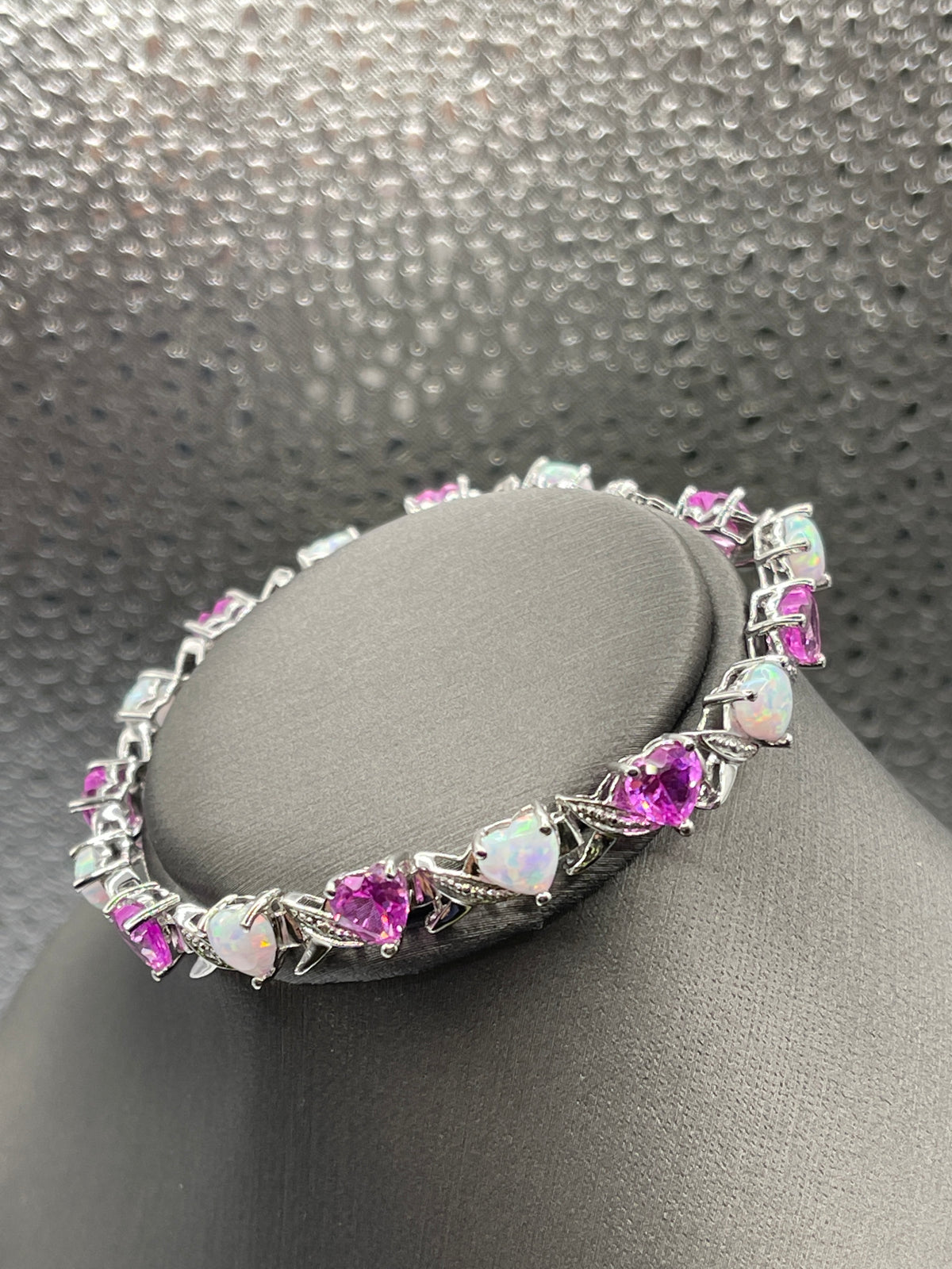 Sterling Silver Bracelet with Opal and Pink Heart Shaped Stones