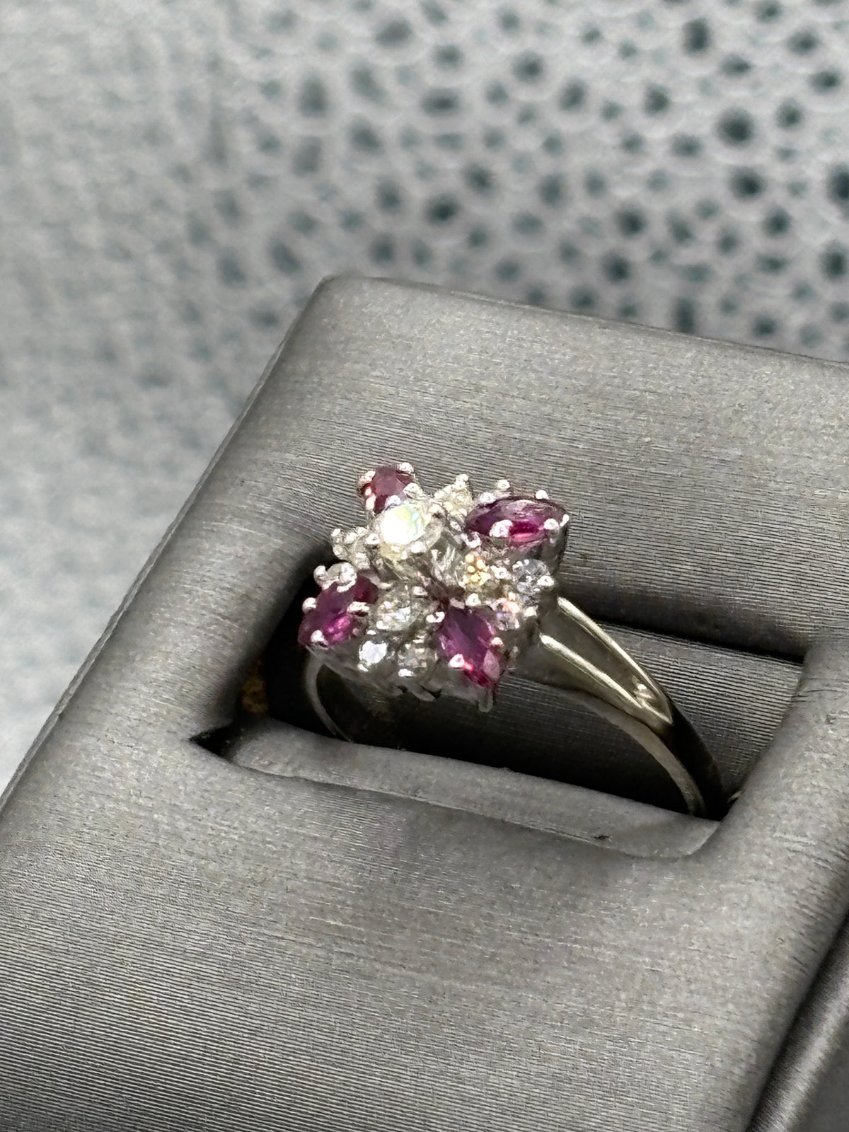 View two of Ladies 14 Karat White Gold Ruby & Diamond Starburst Ring