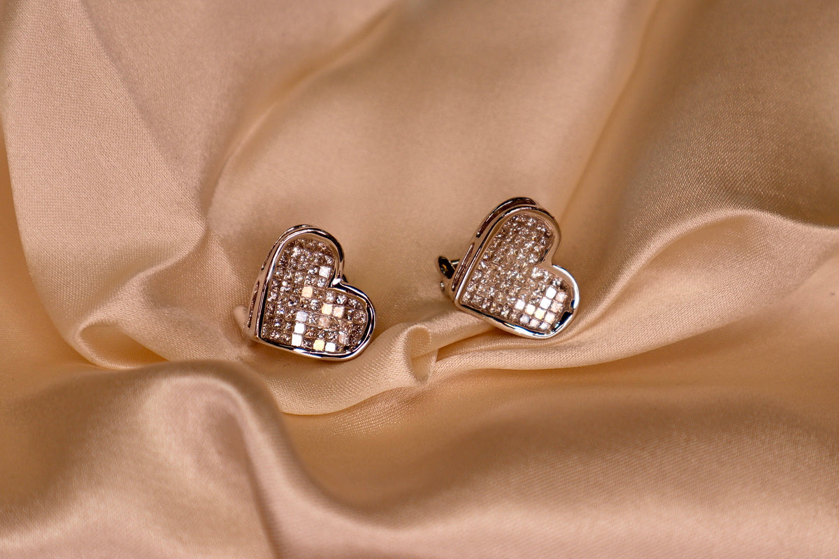 Ladies 10 Karat Solid White Gold Princess Cut Diamond Heart Earrings - Philadelphia Gold & Silver Exchange
