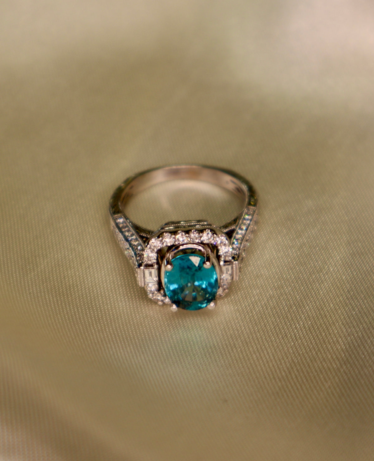 14 Karat White Gold 2 Carat Oval Blue Topaz With Baguettes & Round Diamonds Ring - Philadelphia Gold & Silver Exchange