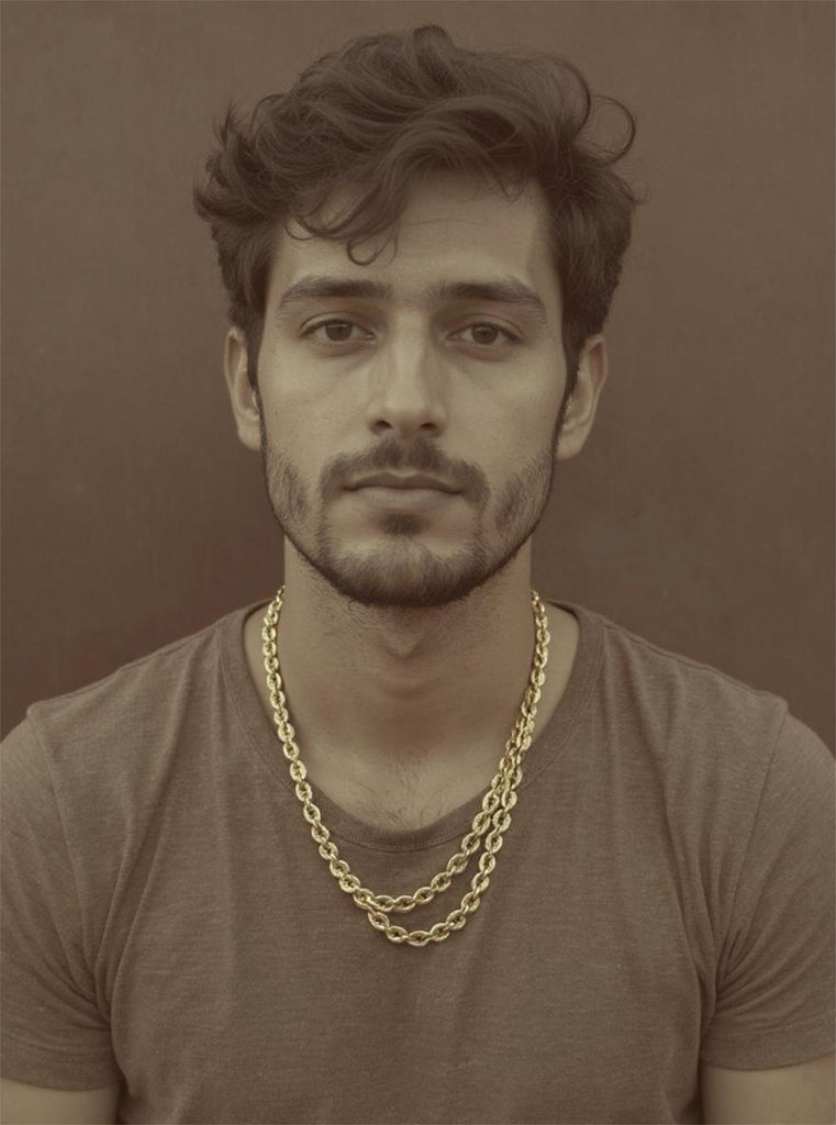 Man wearing a gold chain necklace against a brown background