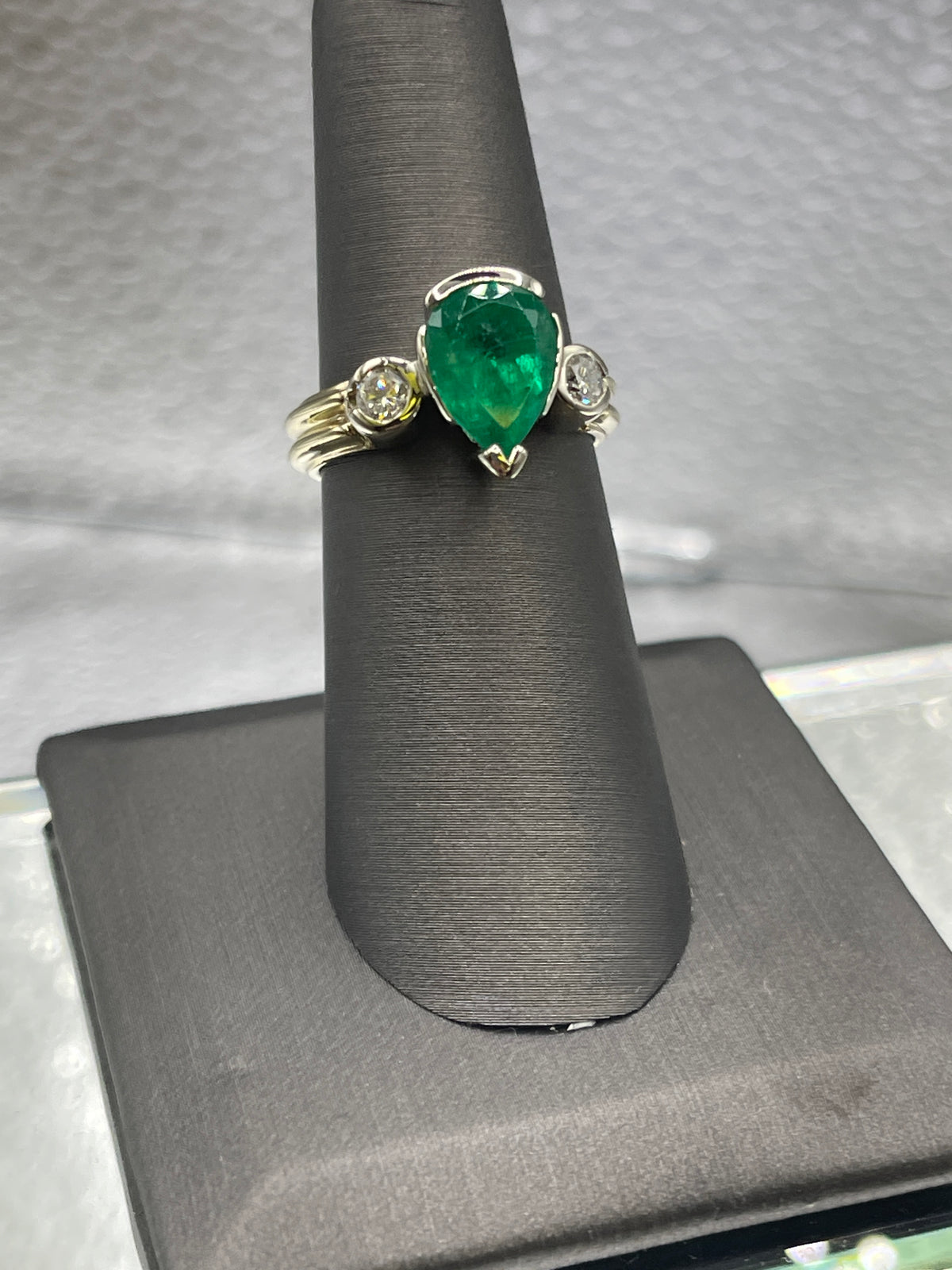 View one of Ladies 14 Karat Yellow Gold Columbian Pear Shaped Emerald and Diamond Ring