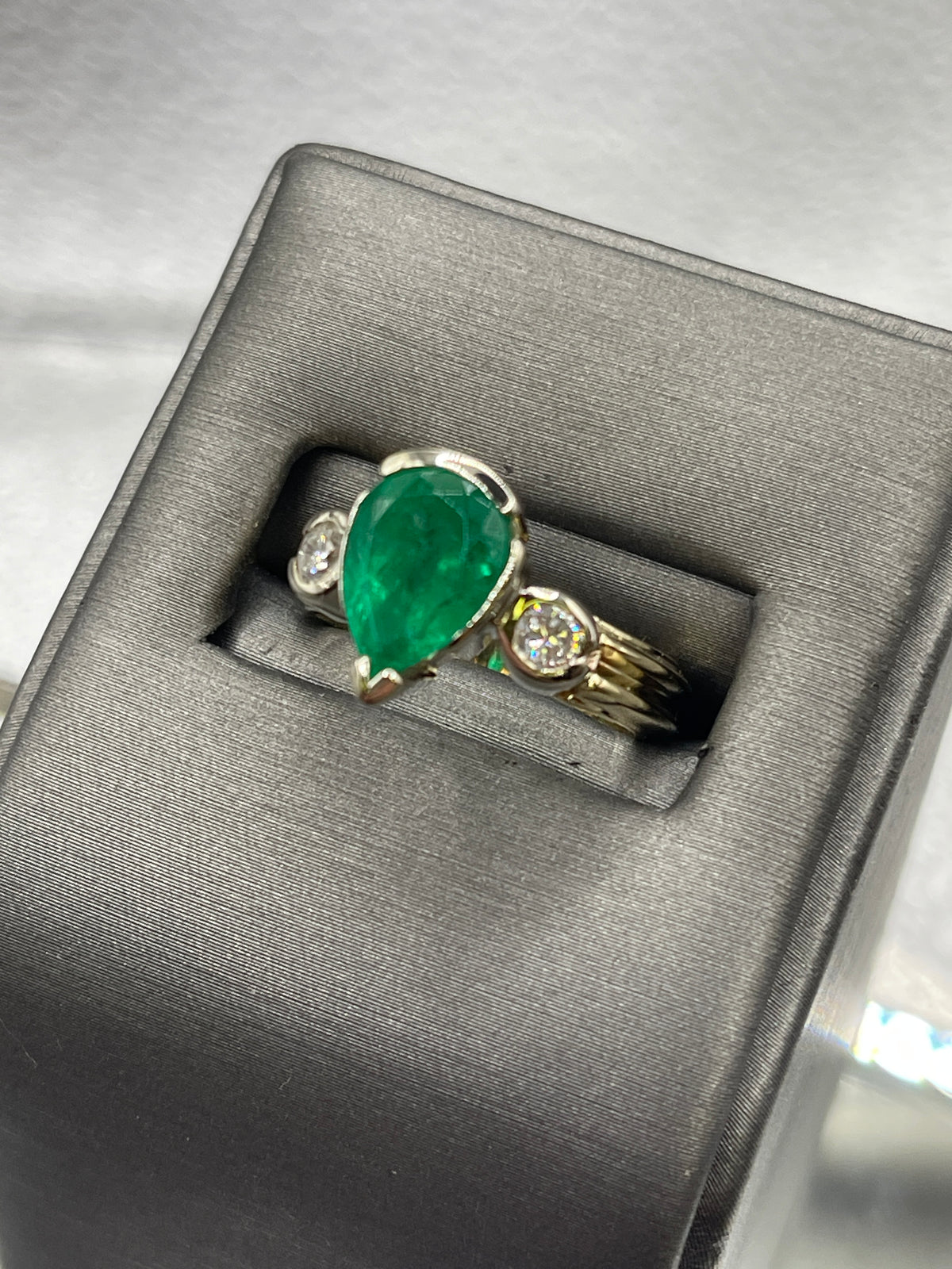 View two of Ladies 14 Karat Yellow Gold Columbian Pear Shaped Emerald and Diamond Ring
