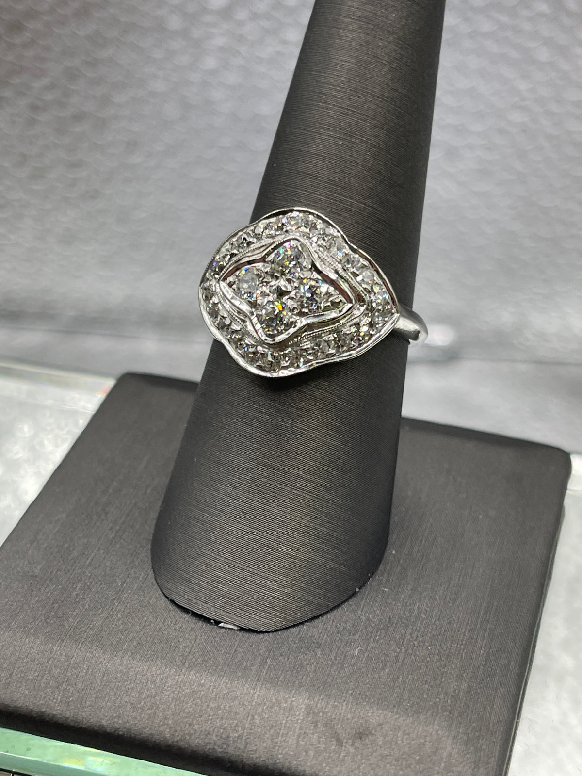 Ladies Antique 14 Karat White Gold Diamond Cluster Cocktail Ring