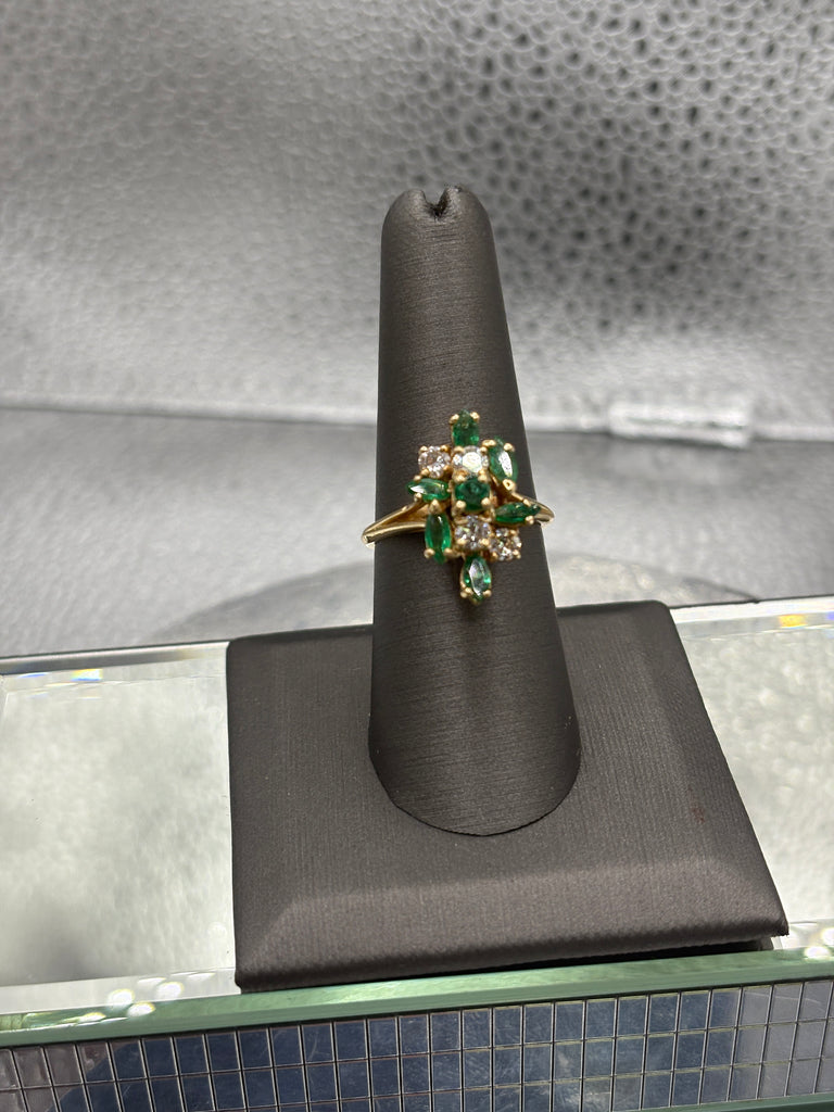 Ladies 14 Karat Yellow Gold Emerald & Diamond Cocktail Ring
