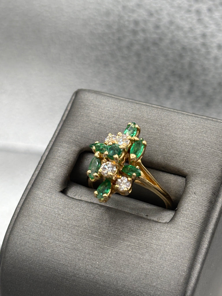 Ladies 14 Karat Yellow Gold Emerald & Diamond Cocktail Ring