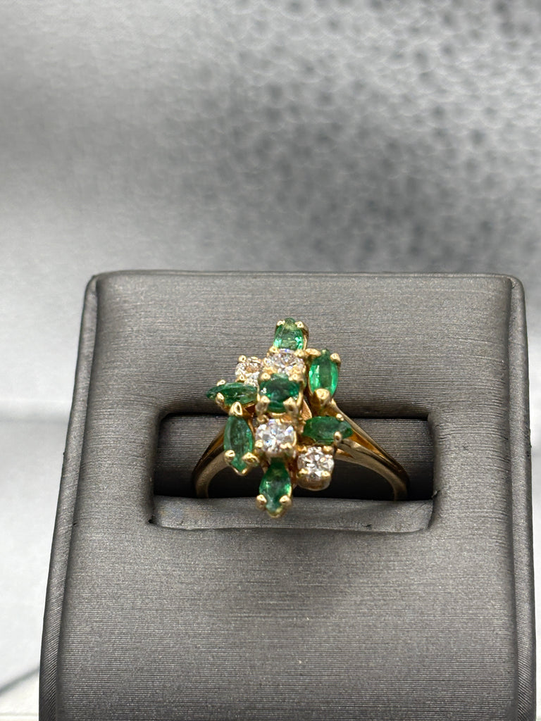 Ladies 14 Karat Yellow Gold Emerald & Diamond Cocktail Ring