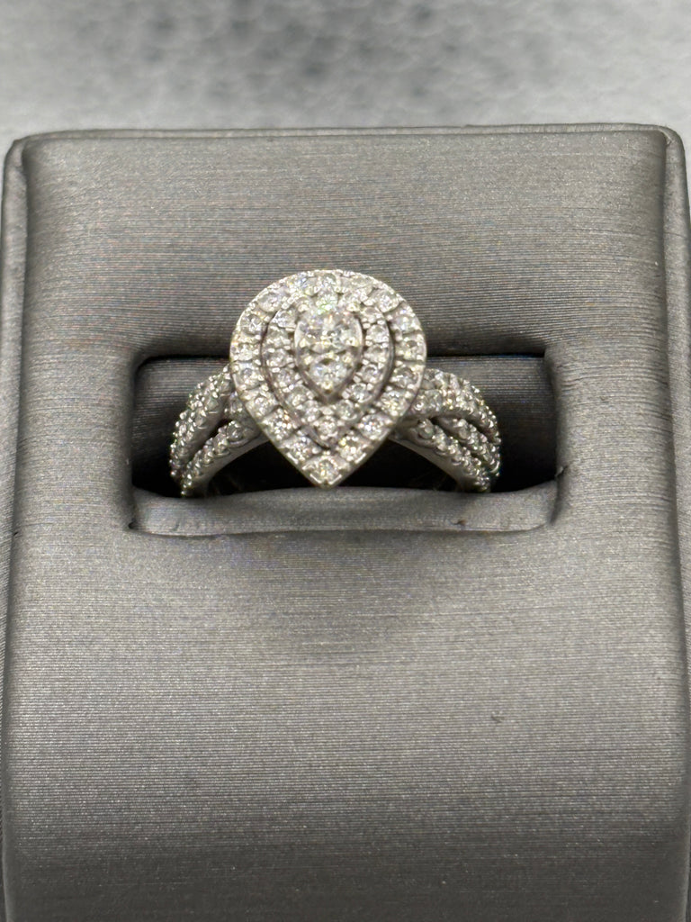 Ladies 14 Karat White Gold Teardrop Triple Diamond Halo Ring