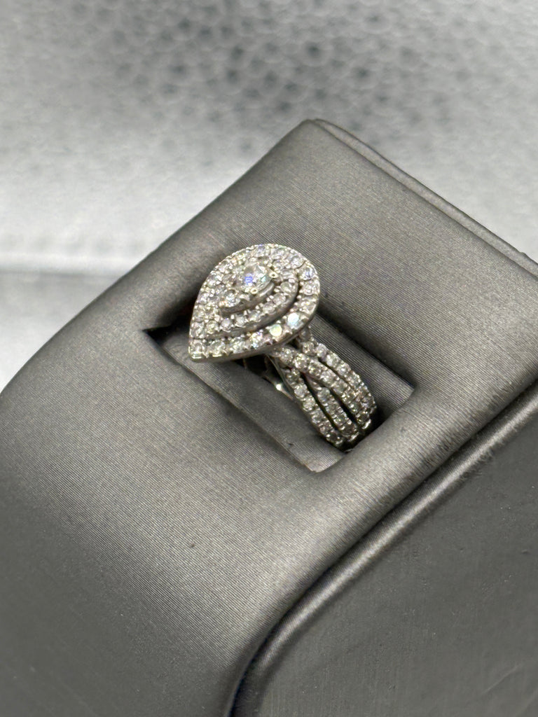 Ladies 14 Karat White Gold Teardrop Triple Diamond Halo Ring