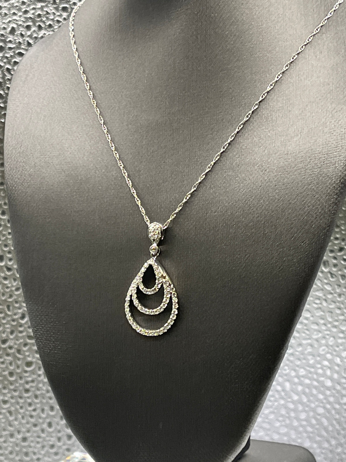 14 Karat White Gold Triple Teardrop Diamond Halo Necklace
