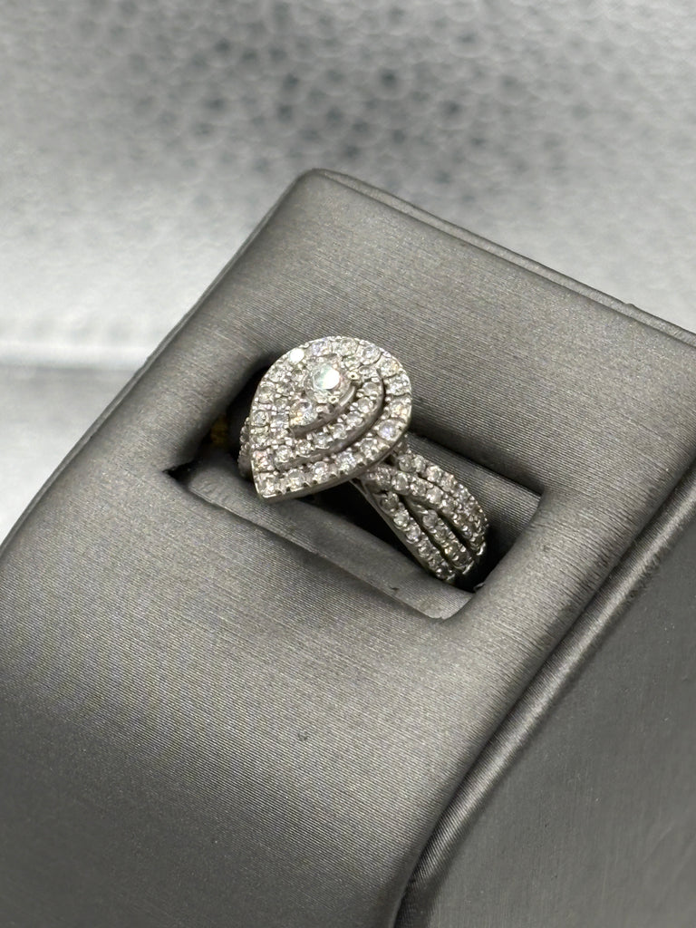 Ladies 14 Karat White Gold Teardrop Triple Diamond Halo Ring