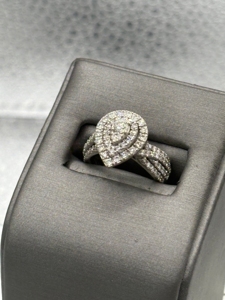 Ladies 14 Karat White Gold Teardrop Triple Diamond Halo Ring