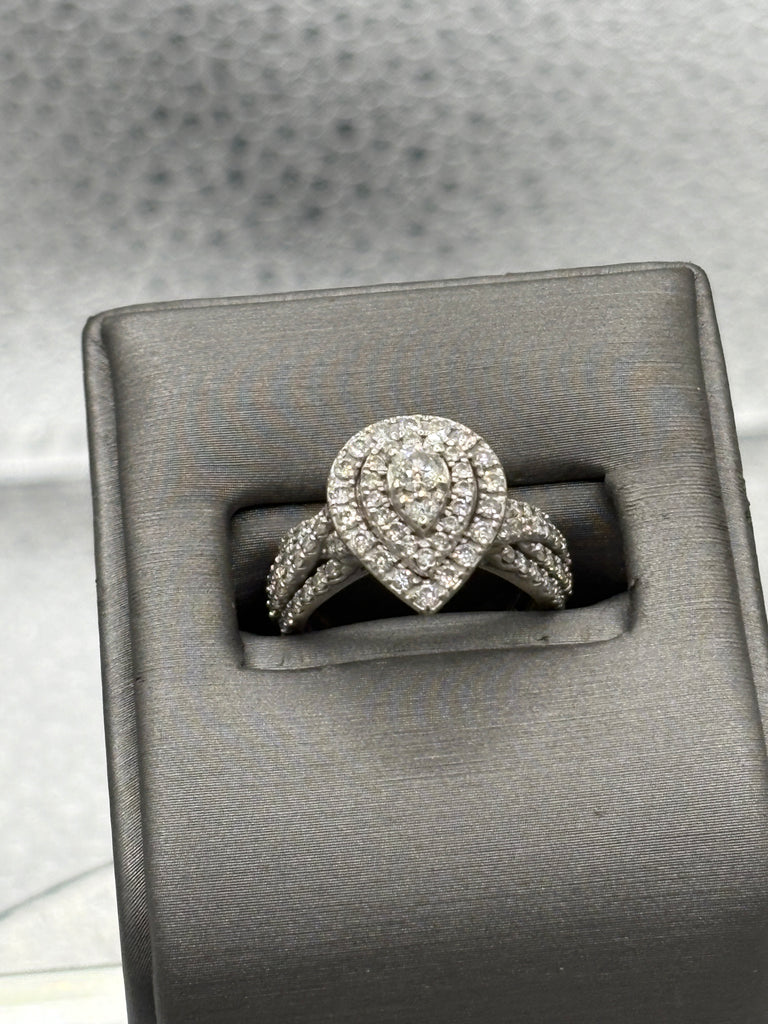 Ladies 14 Karat White Gold Teardrop Triple Diamond Halo Ring