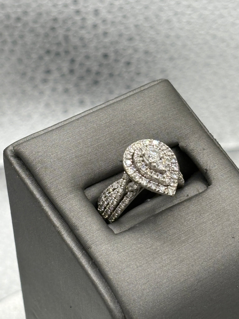 Ladies 14 Karat White Gold Teardrop Triple Diamond Halo Ring