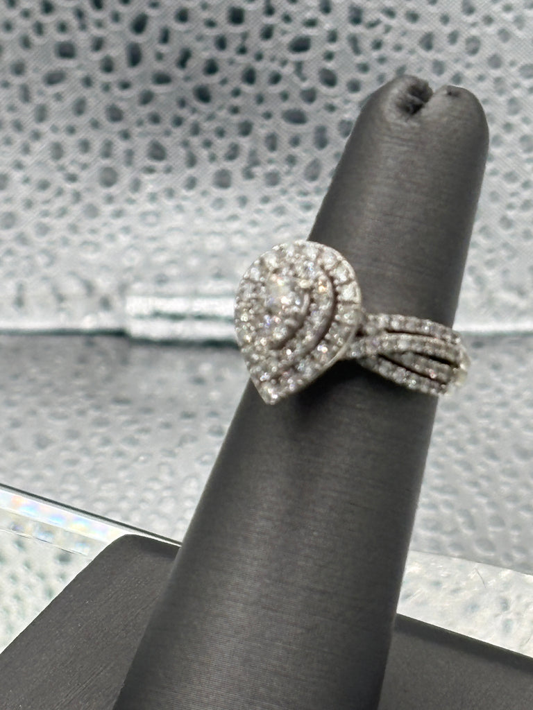 Ladies 14 Karat White Gold Teardrop Triple Diamond Halo Ring