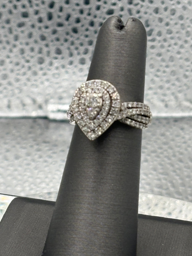 Ladies 14 Karat White Gold Teardrop Triple Diamond Halo Ring