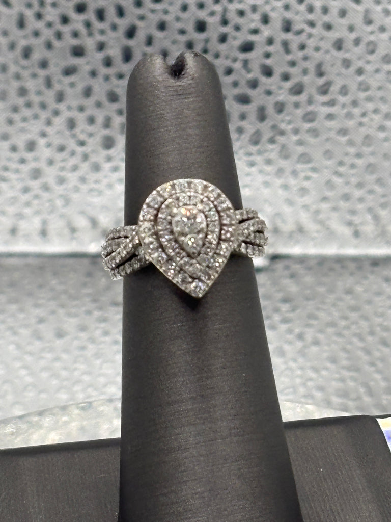 Ladies 14 Karat White Gold Teardrop Triple Diamond Halo Ring