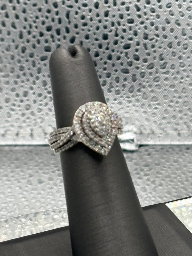 Ladies 14 Karat White Gold Teardrop Triple Diamond Halo Ring