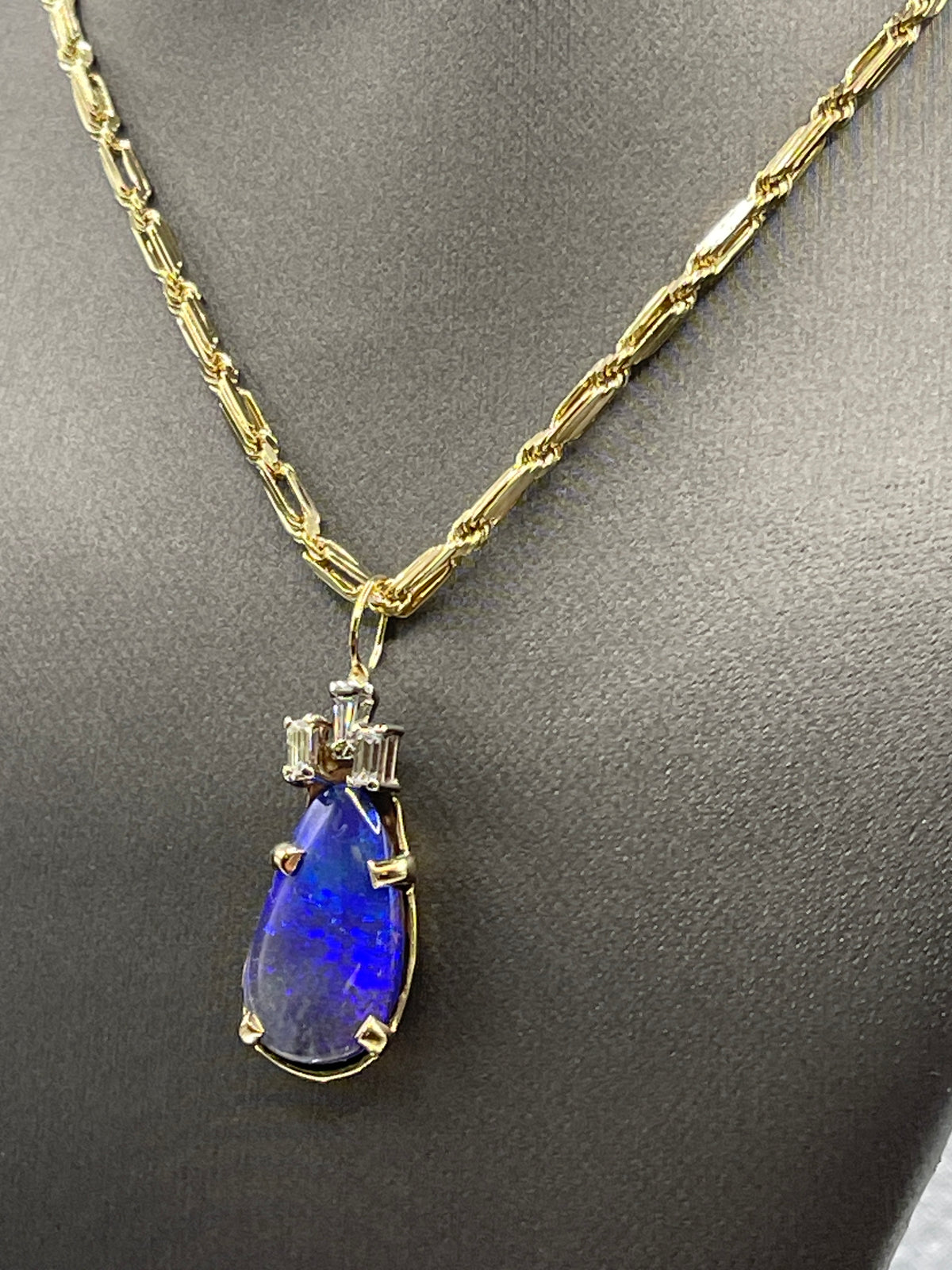 Ladies 14 Karat Yellow Gold Black Opal and Diamond Necklace