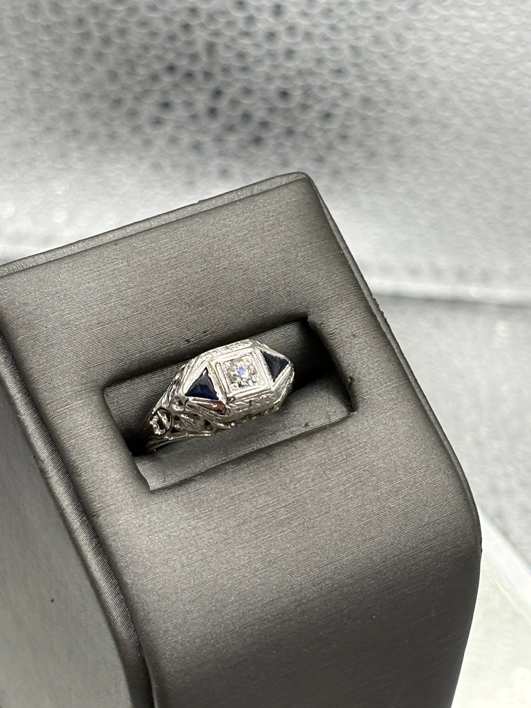 Antique European 20 Karat W/G Filagree Diamond & Sapphire Ring