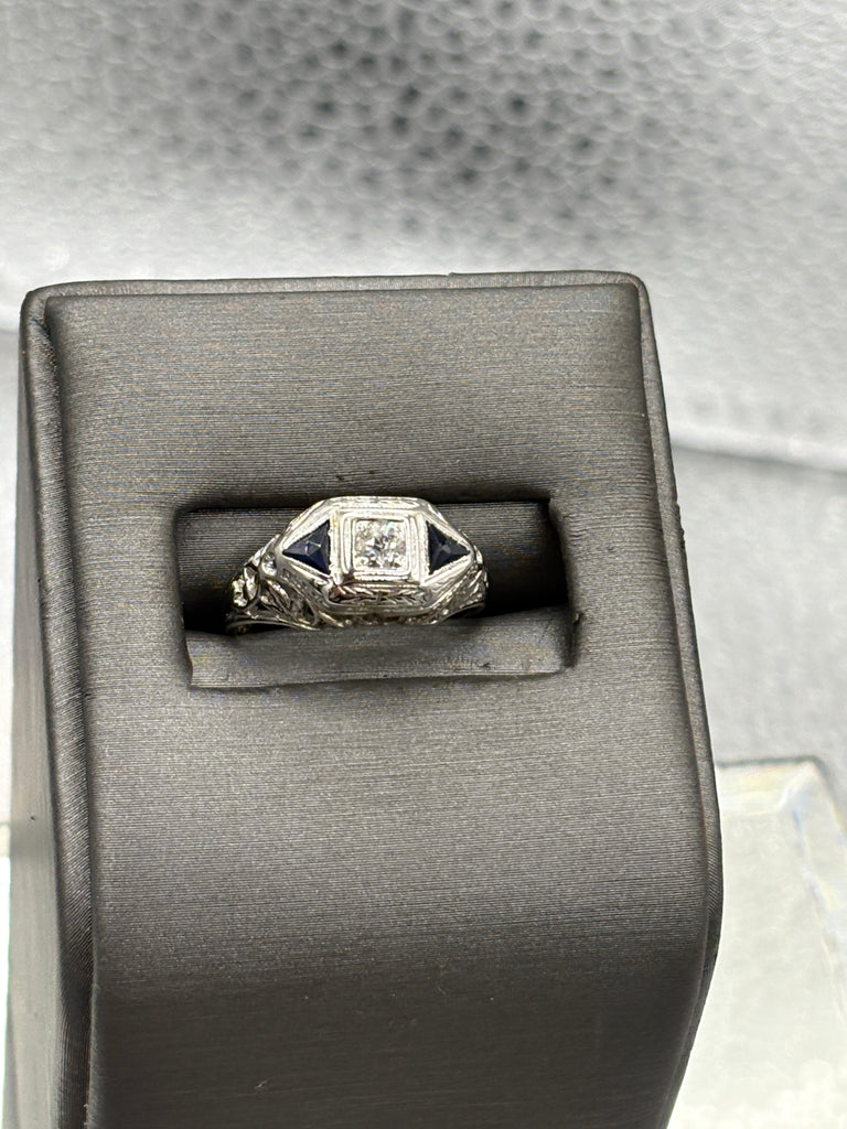 Antique European 20 Karat W/G Filagree Diamond & Sapphire Ring