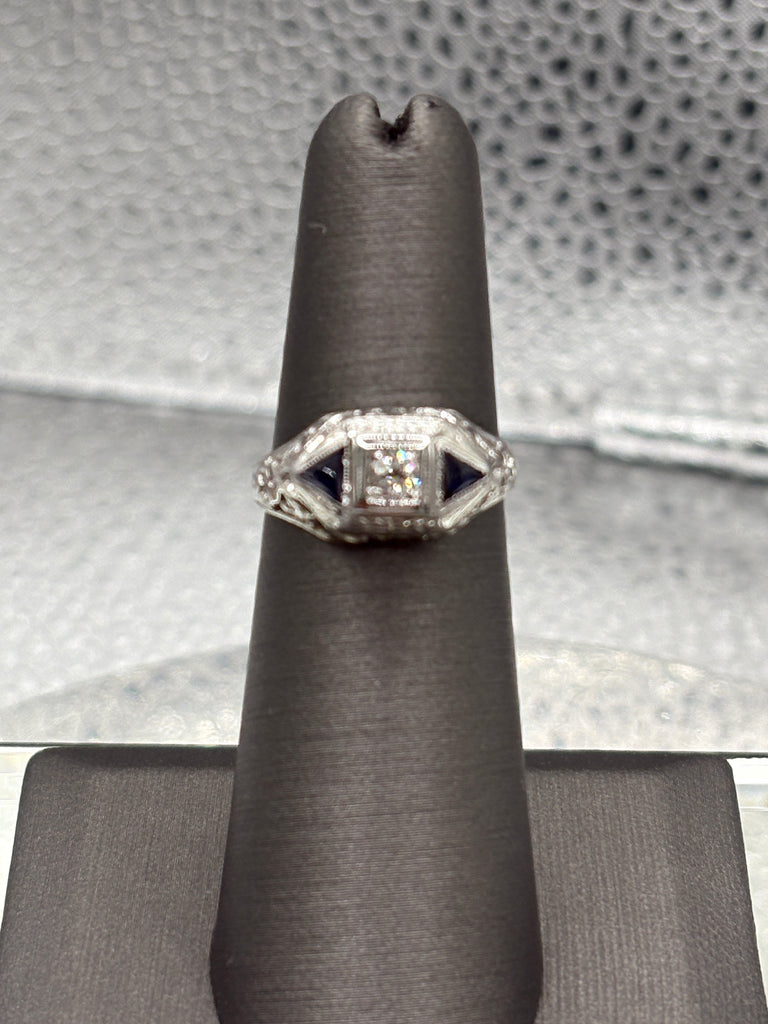 Antique European 20 Karat W/G Filagree Diamond & Sapphire Ring
