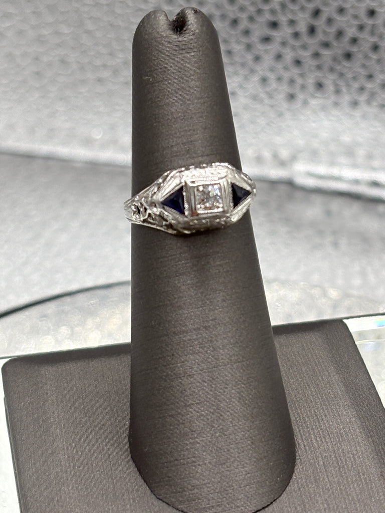 Antique European 20 Karat W/G Filagree Diamond & Sapphire Ring