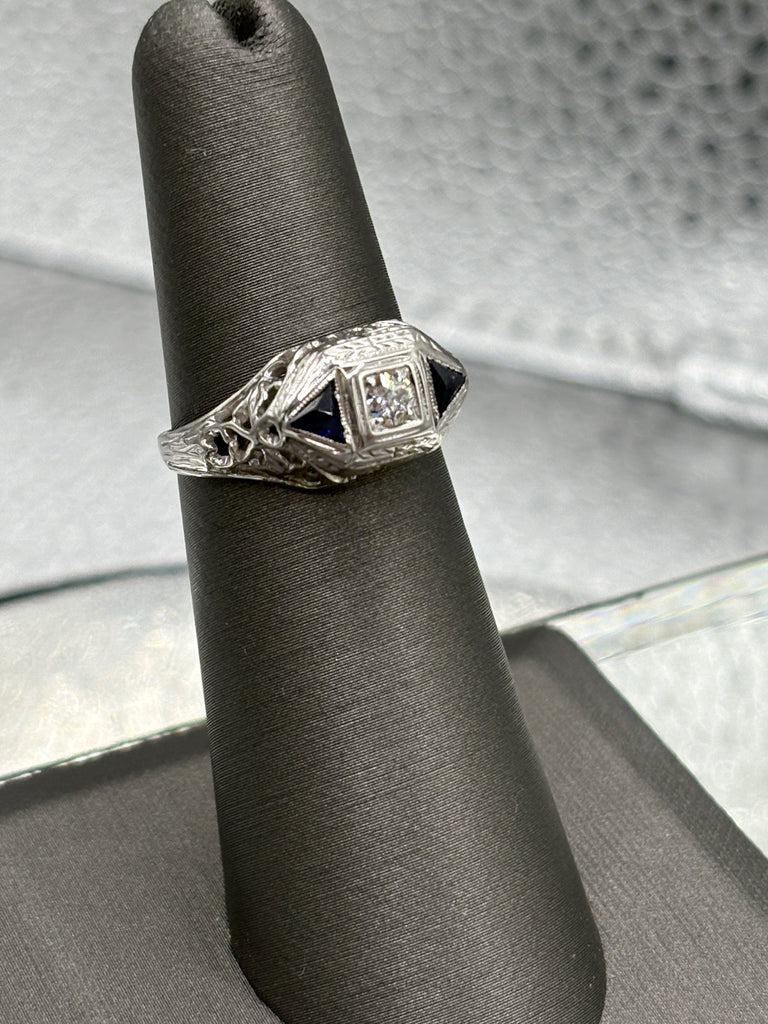 Antique European 20 Karat W/G Filagree Diamond & Sapphire Ring