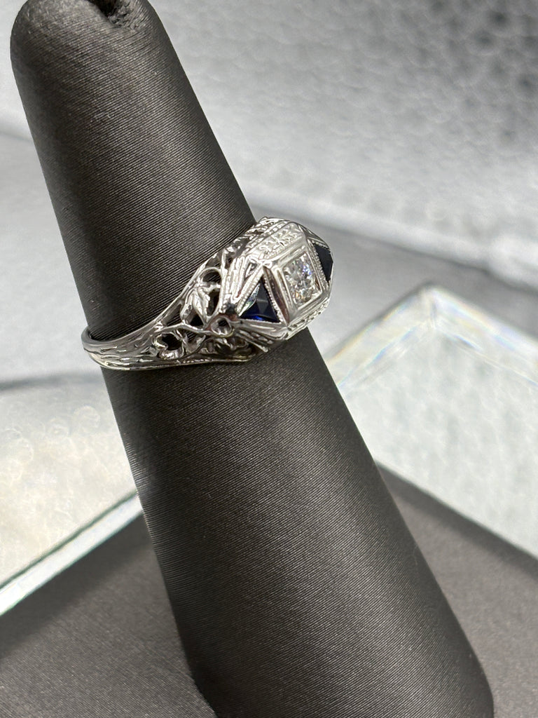 Antique European 20 Karat W/G Filagree Diamond & Sapphire Ring