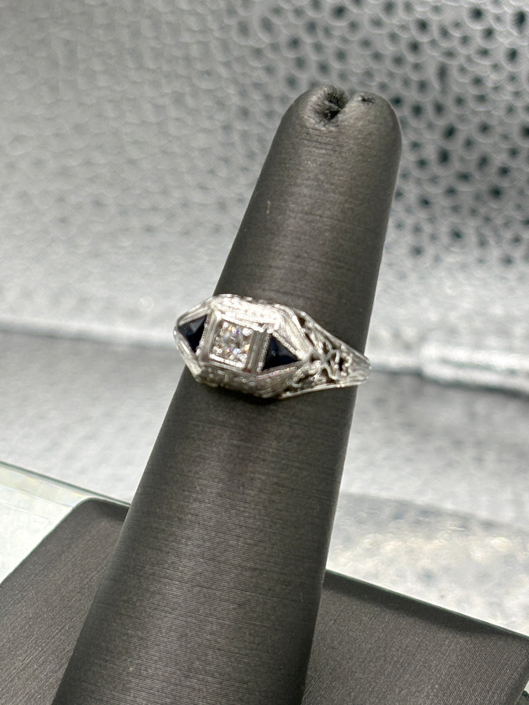 Antique European 20 Karat W/G Filagree Diamond & Sapphire Ring