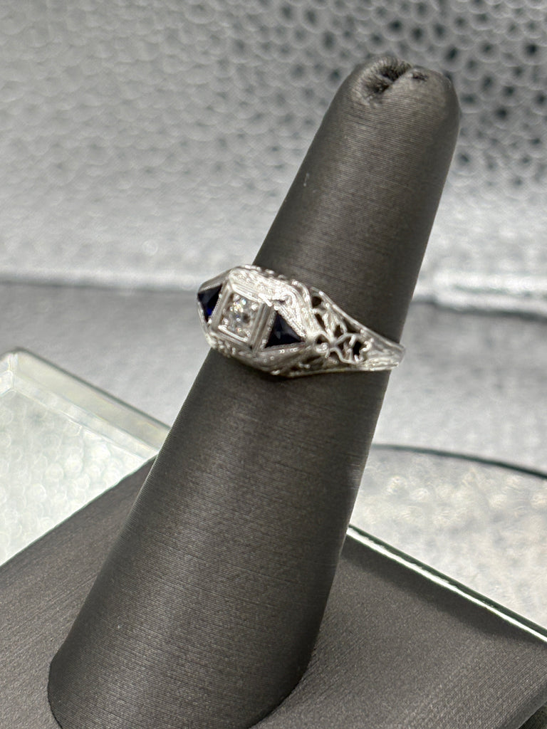 Antique European 20 Karat W/G Filagree Diamond & Sapphire Ring