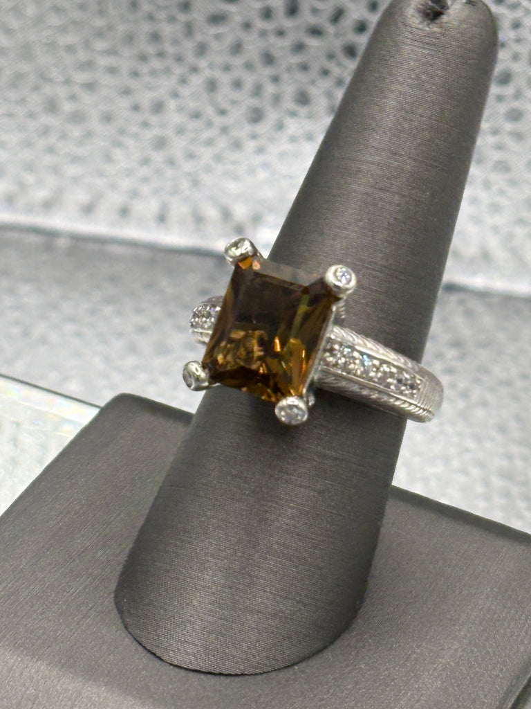 Ladies Vintage Judith Ripka Sterling Silver Emerald Cut Citrine Ring