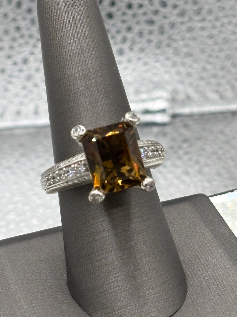 Ladies Vintage Judith Ripka Sterling Silver Emerald Cut Citrine Ring