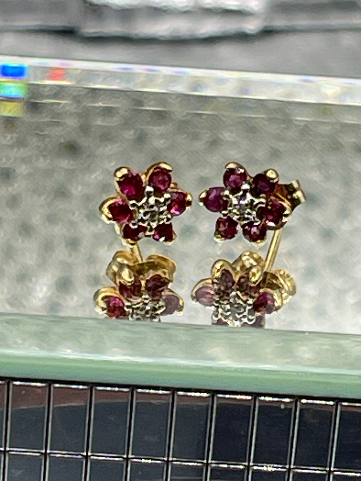 Ladies 14 Karat Gold Ruby and Diamond Floral Stud Earrings