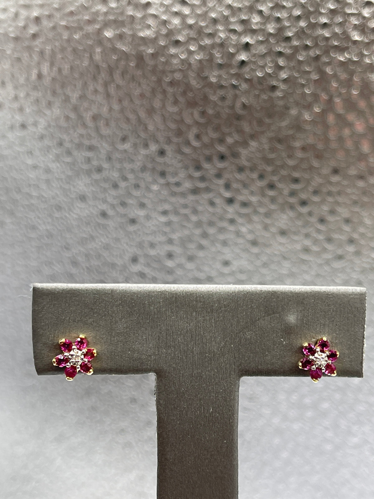 Ladies 14 Karat Gold Ruby and Diamond Floral Stud Earrings