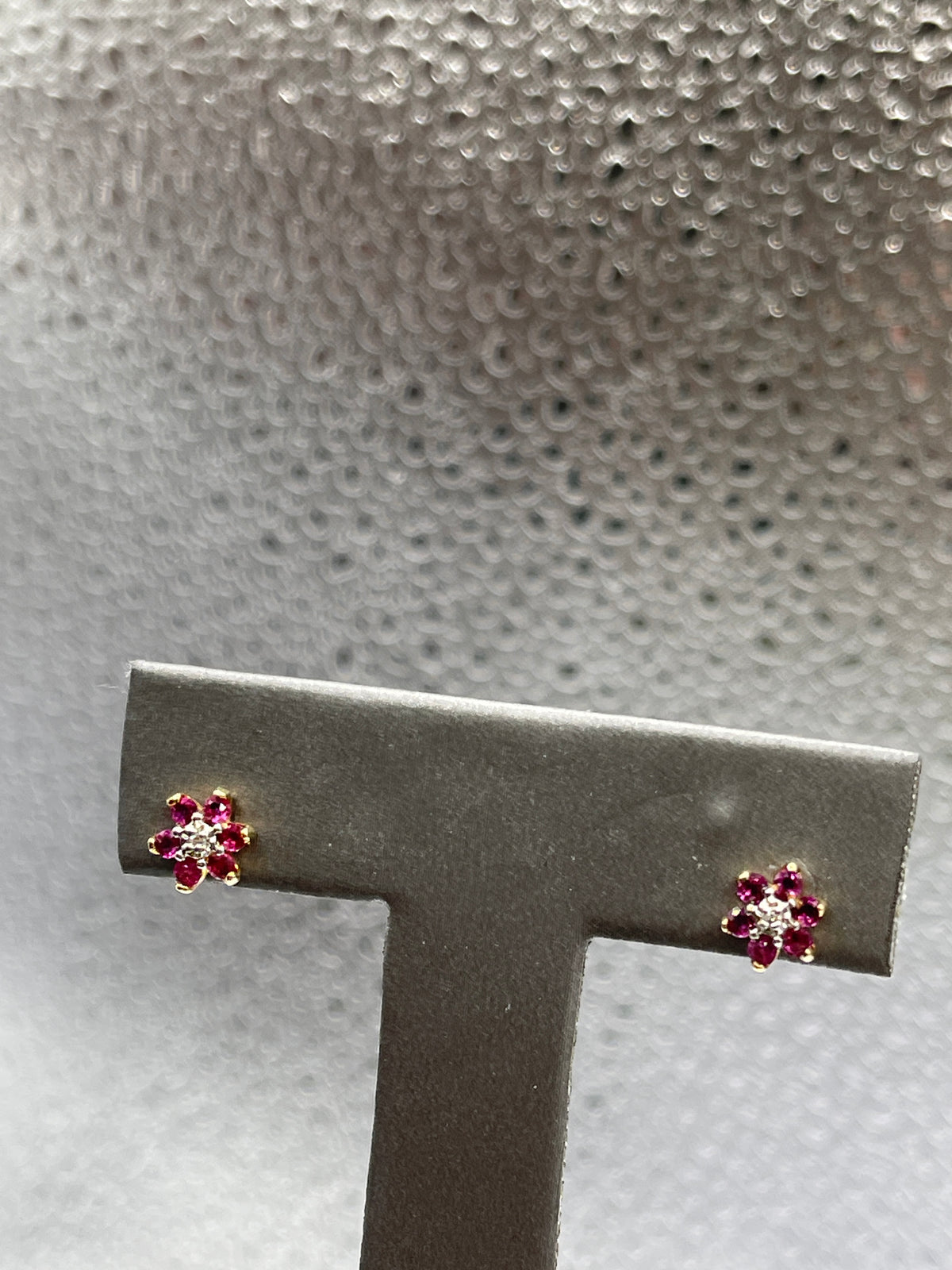 Ladies 14 Karat Gold Ruby and Diamond Floral Stud Earrings