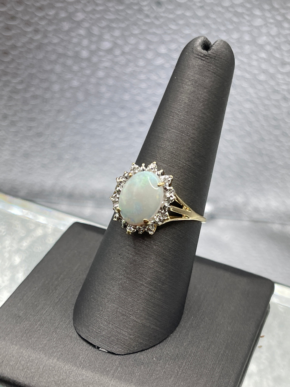 Ladies 14 Karat Yellow Gold Opal and Diamond Ring