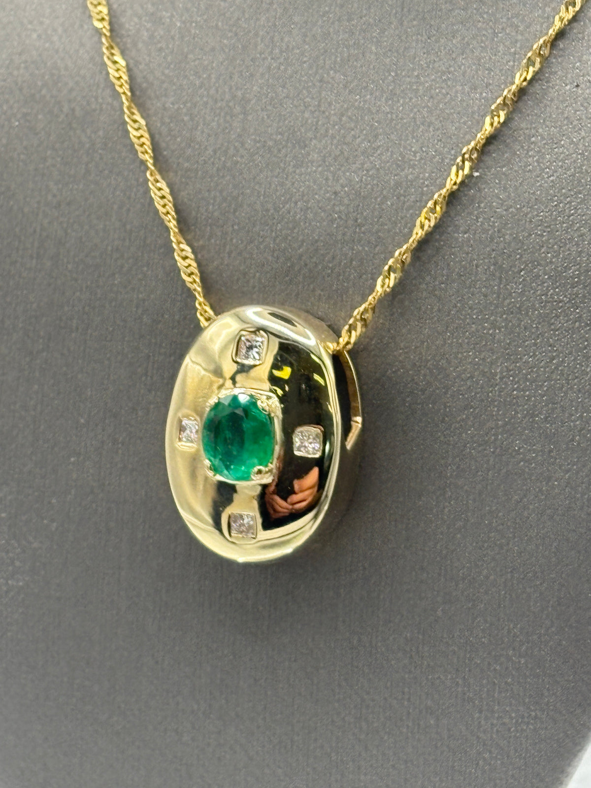 14 Karat Yellow Gold Ladies Emerald & Diamond Dome Pendant