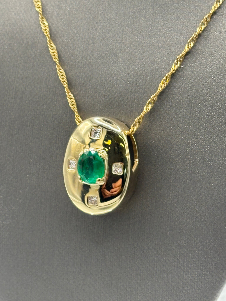 14 Karat Yellow Gold Ladies Emerald & Diamond Dome Pendant