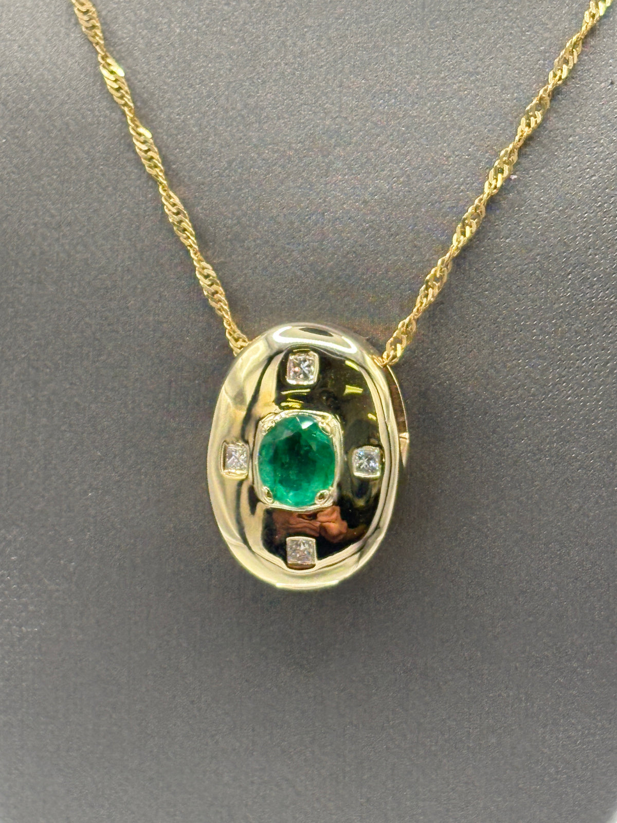 14 Karat Yellow Gold Ladies Emerald & Diamond Dome Pendant