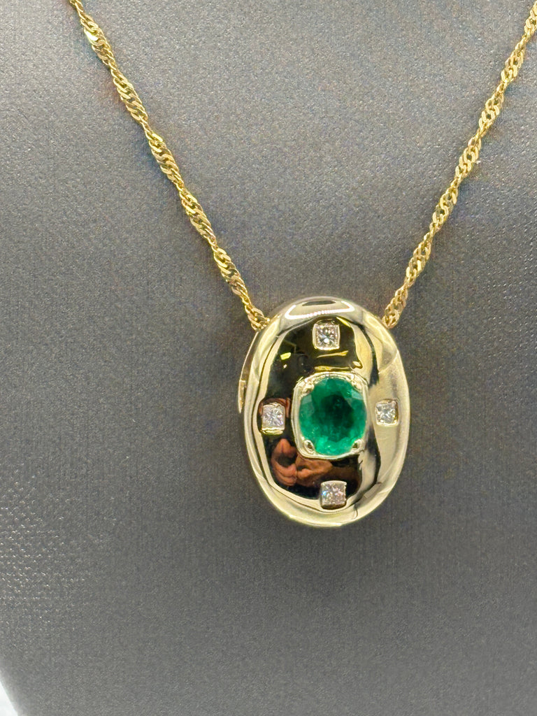 14 Karat Yellow Gold Ladies Emerald & Diamond Dome Pendant