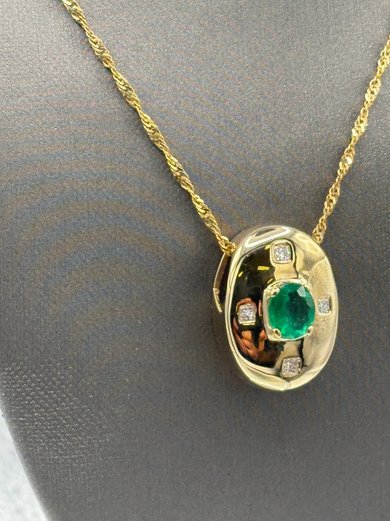 14 Karat Yellow Gold Ladies Emerald & Diamond Dome Pendant