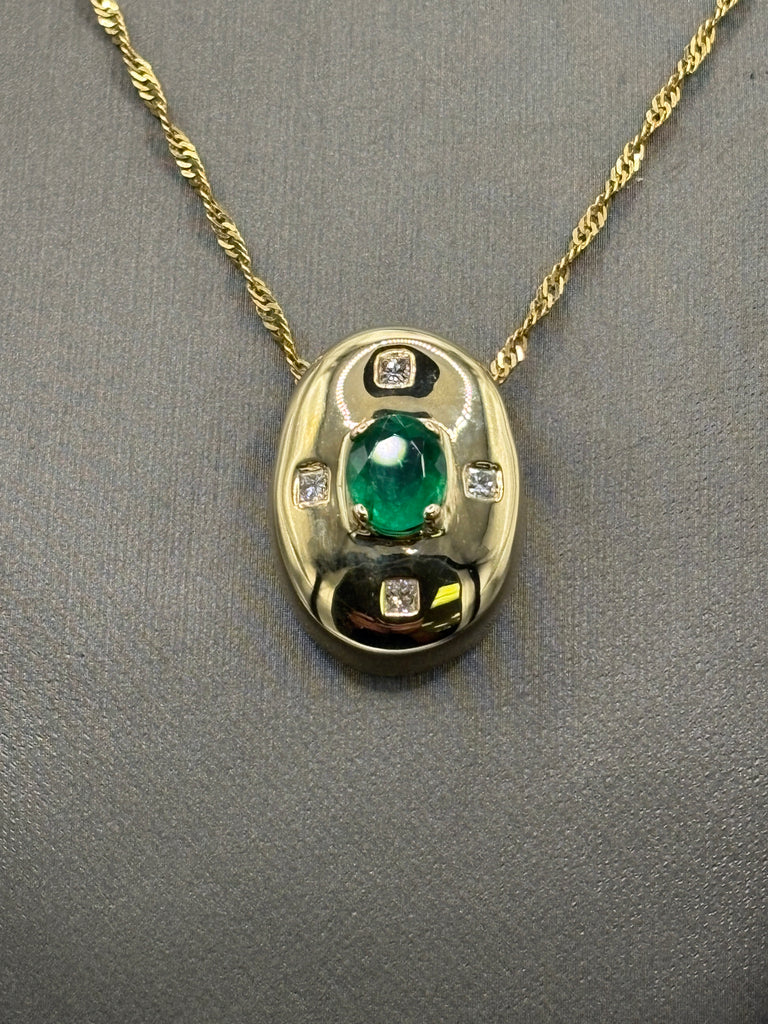 14 Karat Yellow Gold Ladies Emerald & Diamond Dome Pendant