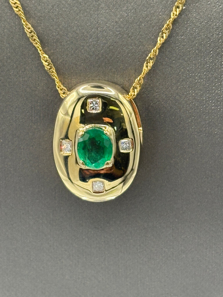 14 Karat Yellow Gold Ladies Emerald & Diamond Dome Pendant